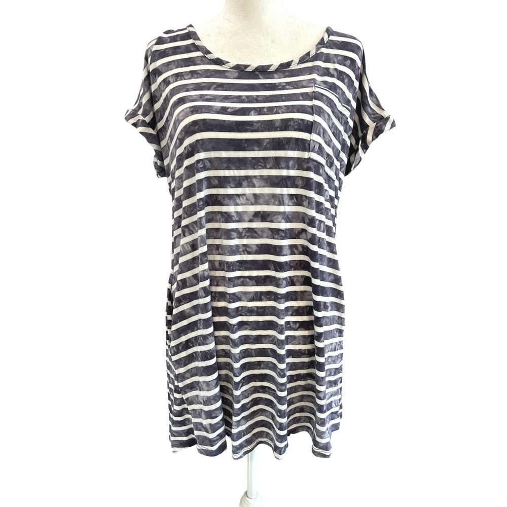 Sandiva Womens Large Blue White Striped Tie Dye‎ T-Shirt Dress Pockets Mint Zip